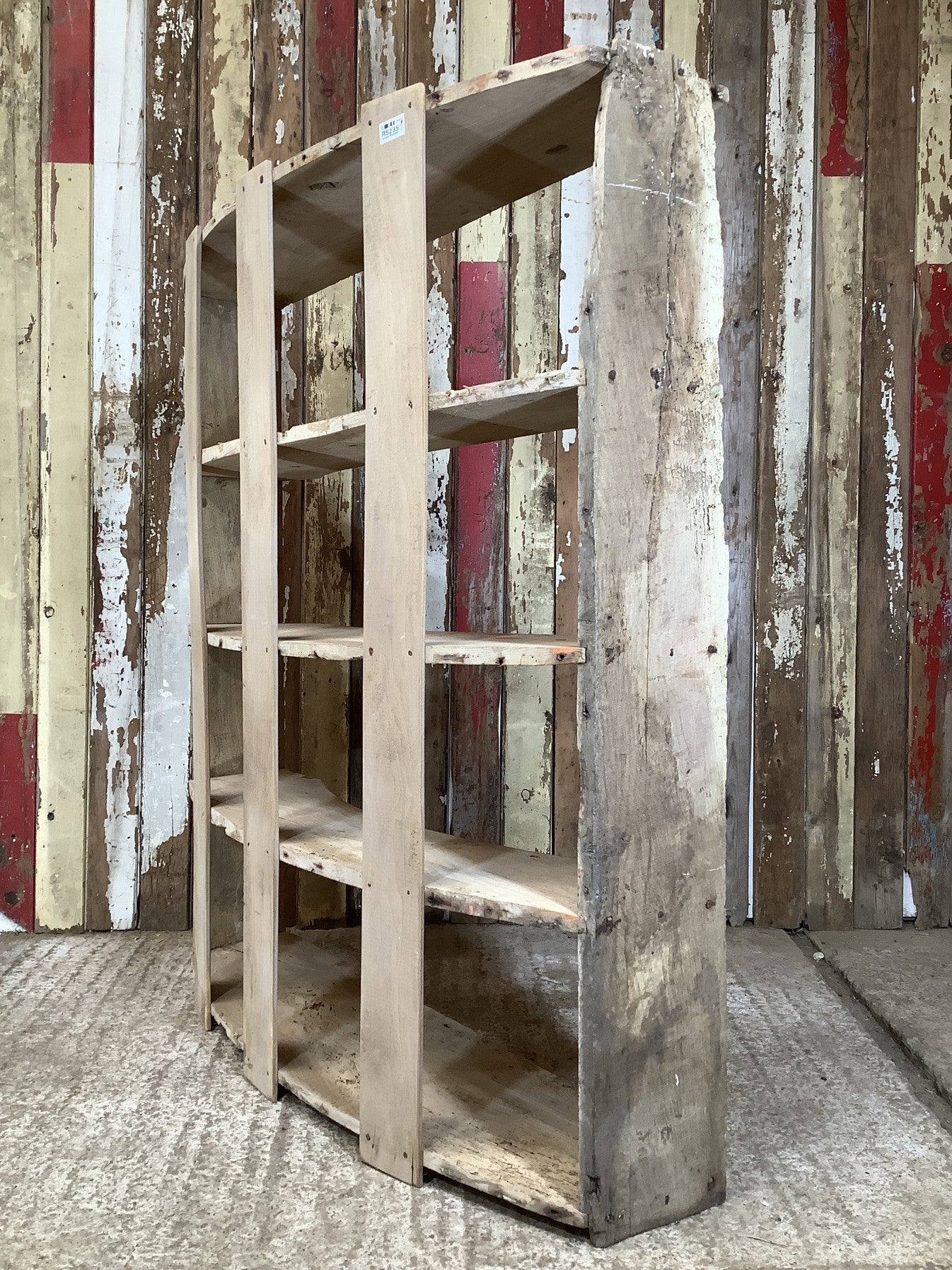 Period Rustic Freestanding Old Stripped Oak & 4 Elm Shelves With Curved Back