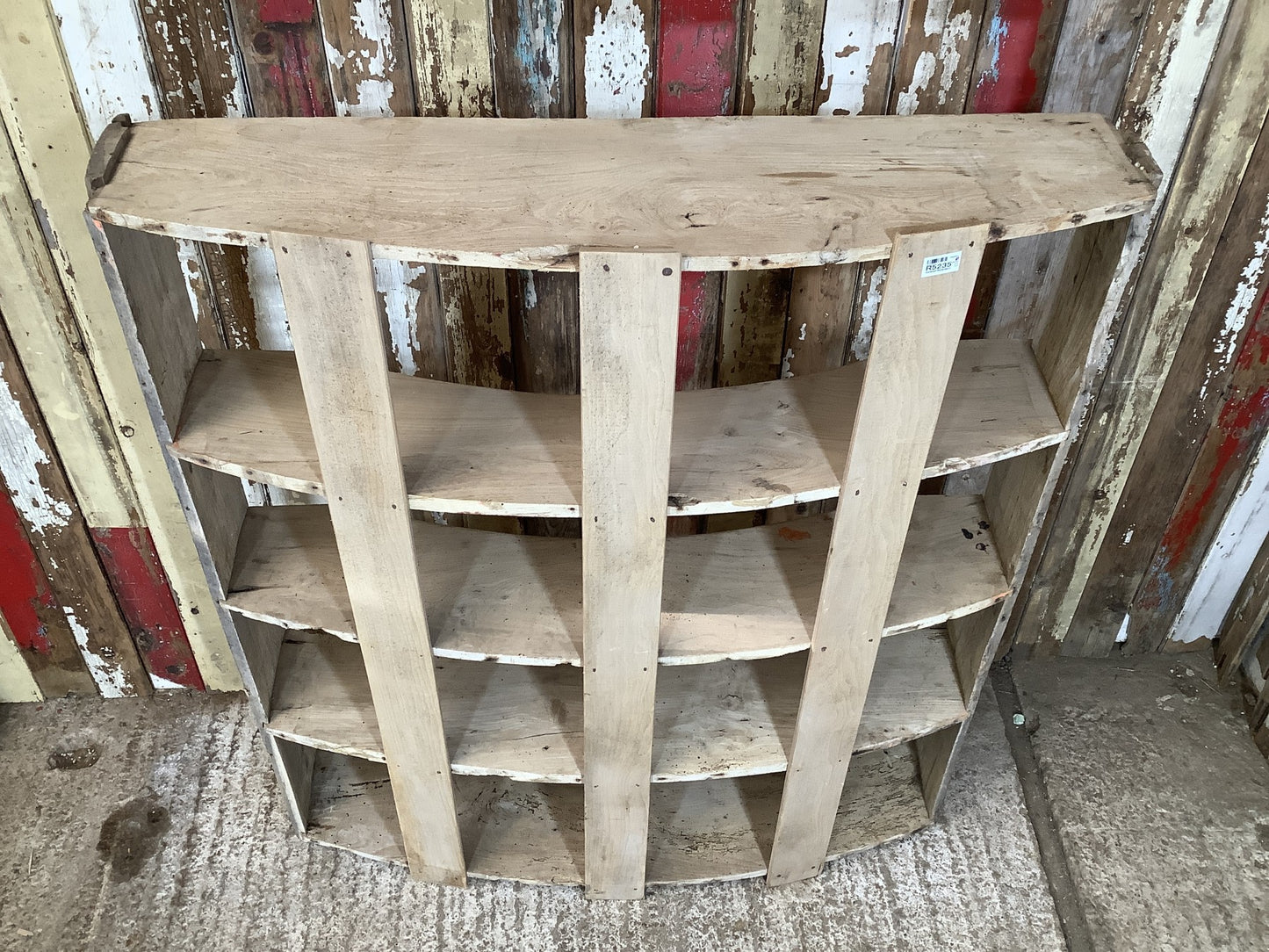 Period Rustic Freestanding Old Stripped Oak & 4 Elm Shelves With Curved Back