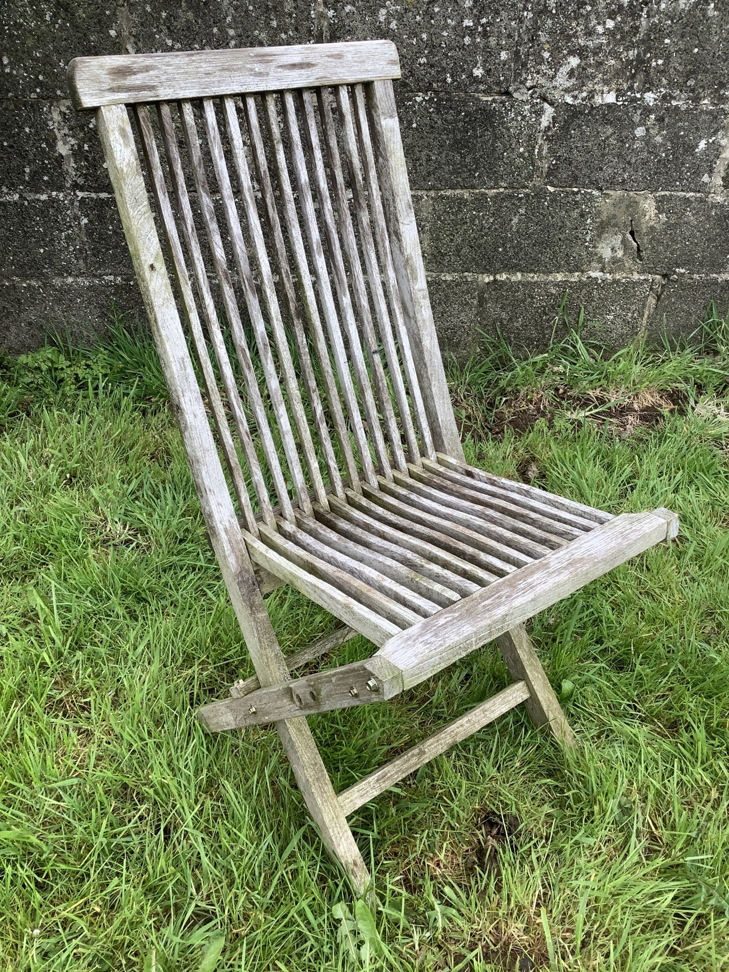 Folding Weathered Solid Teak Garden Single Slated Outside Chair 3'2"H