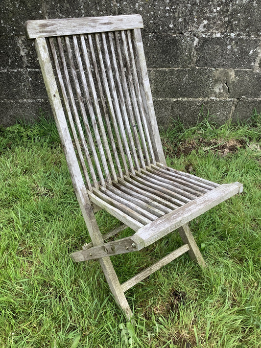 Folding Weathered Solid Teak Garden Single Slated Outside Chair 3'2"H