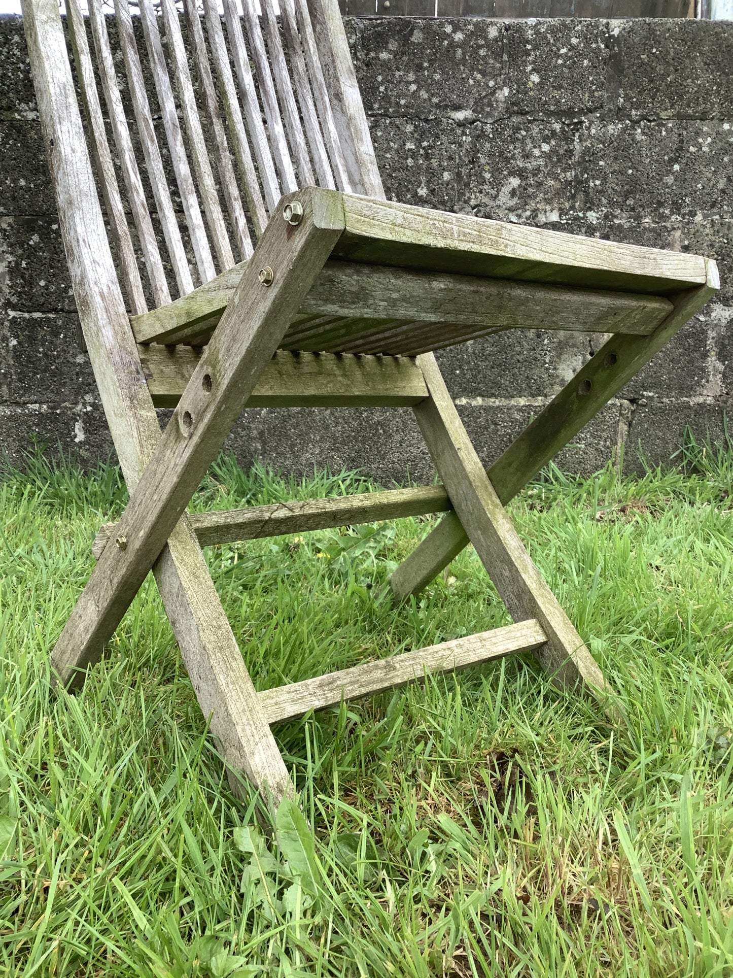 Folding Weathered Solid Teak Garden Single Slated Outside Chair 3'2"H