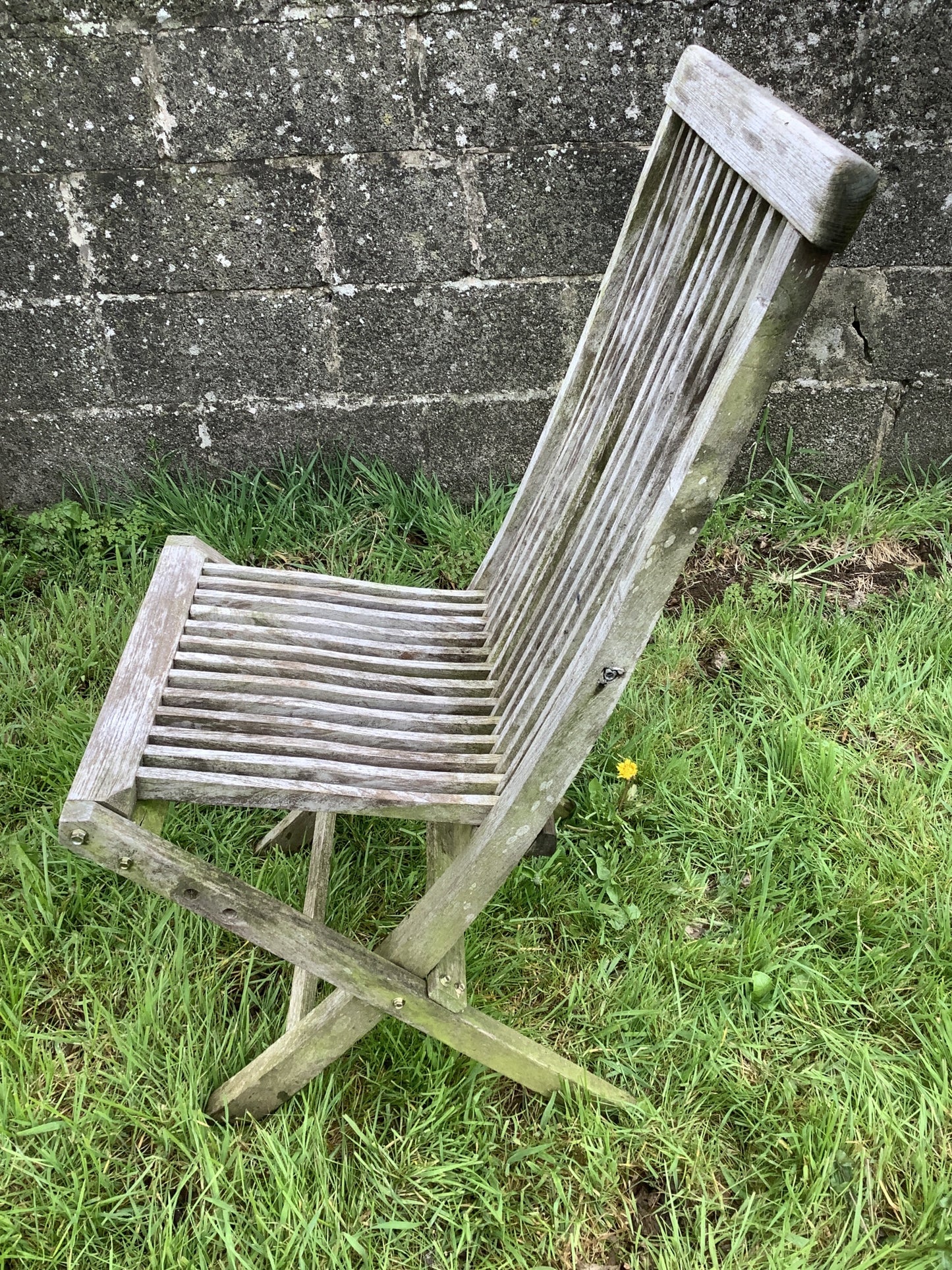 Folding Weathered Solid Teak Garden Single Slated Outside Chair 3'2"H