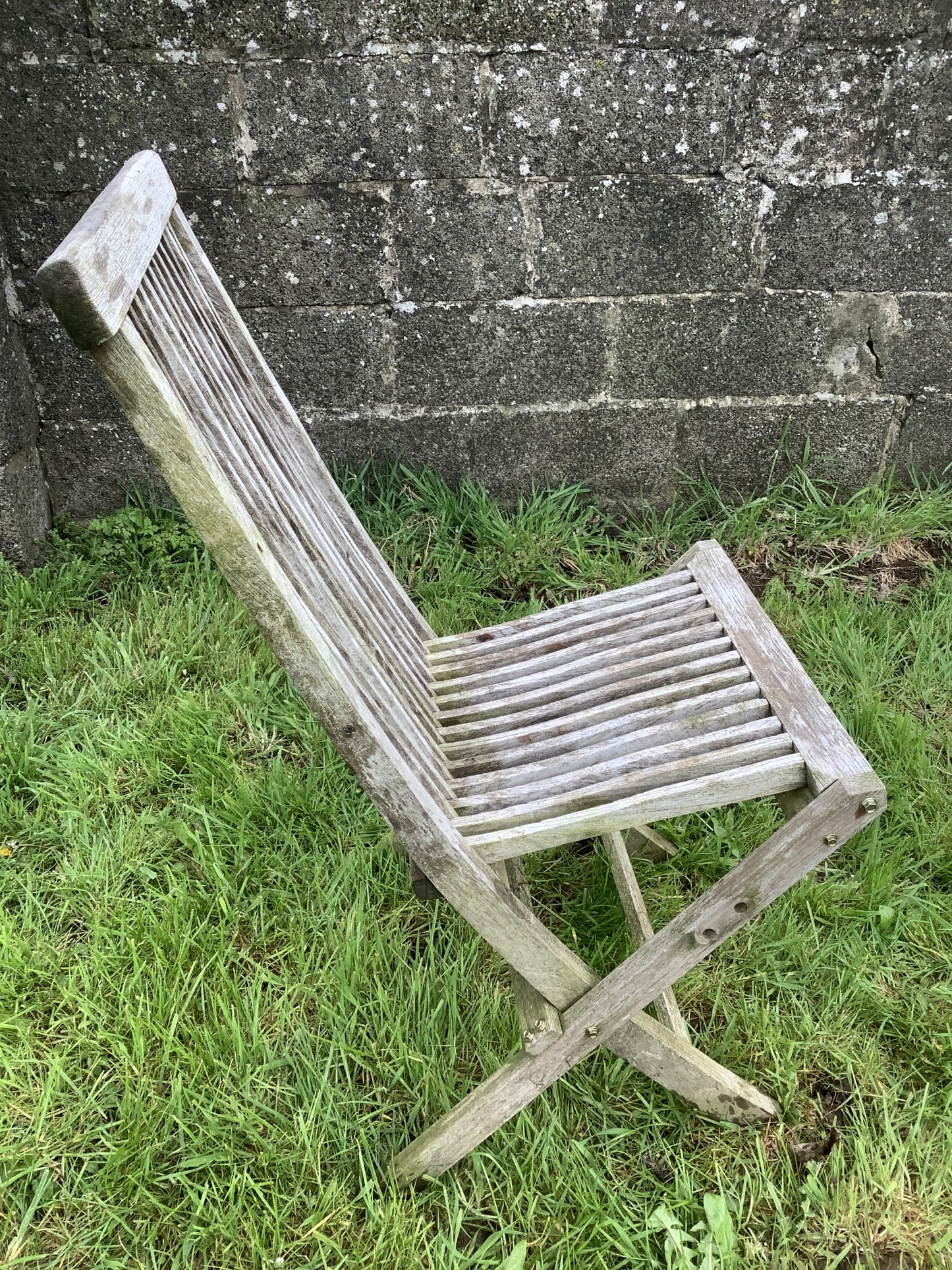Folding Weathered Solid Teak Garden Single Slated Outside Chair 3'2"H