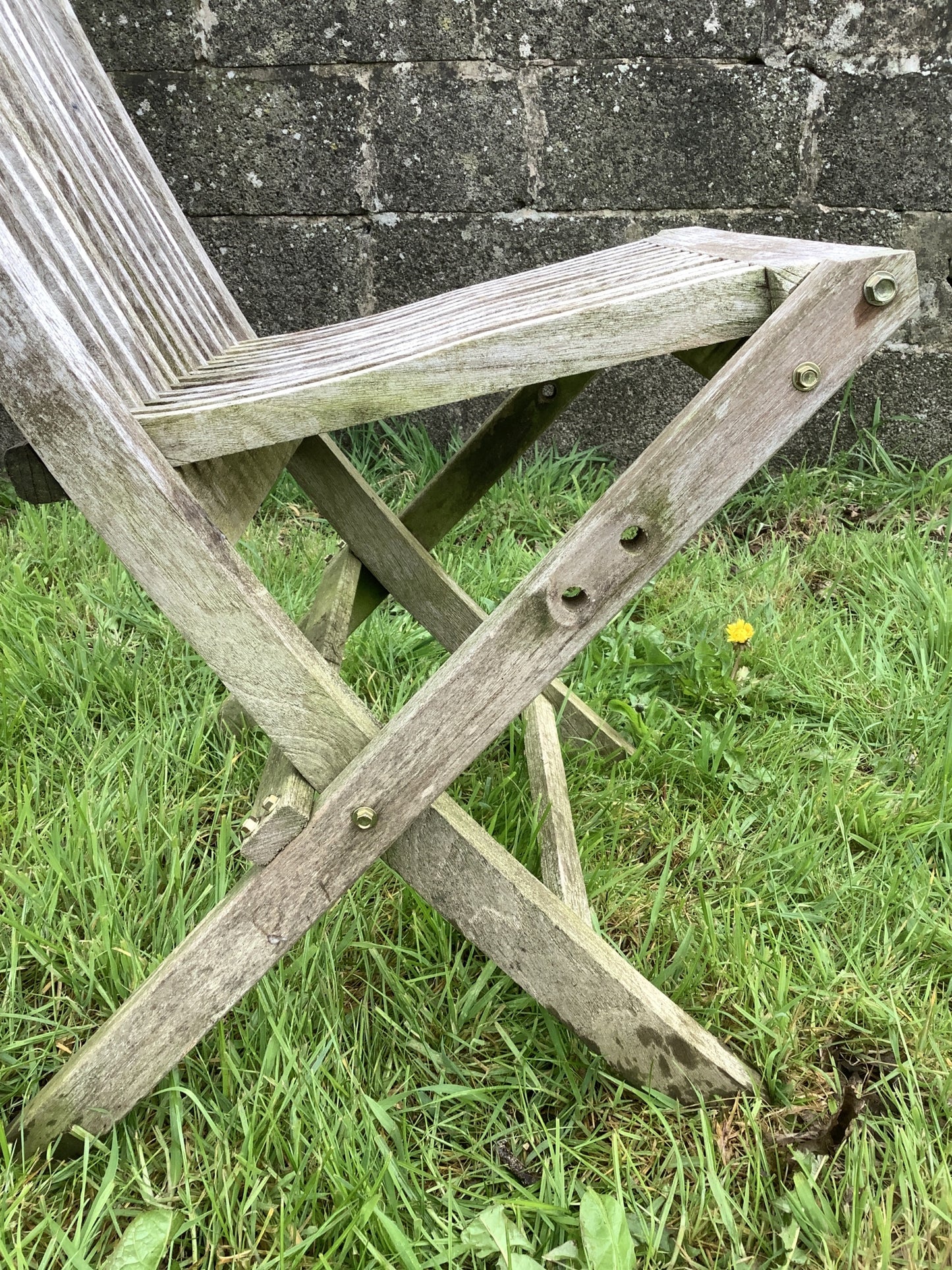 Folding Weathered Solid Teak Garden Single Slated Outside Chair 3'2"H