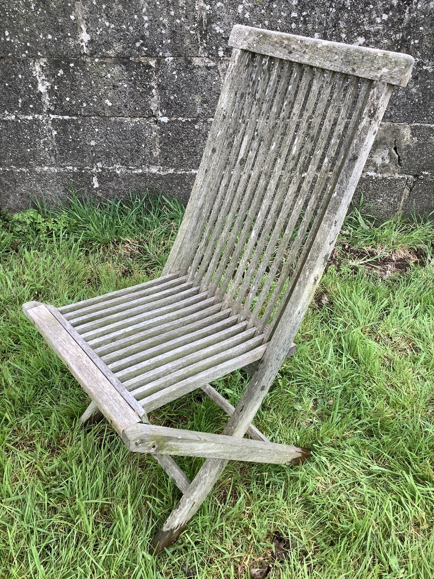Folding Weathered Solid Teak Garden Single Slated Outside Chair 3'2"H