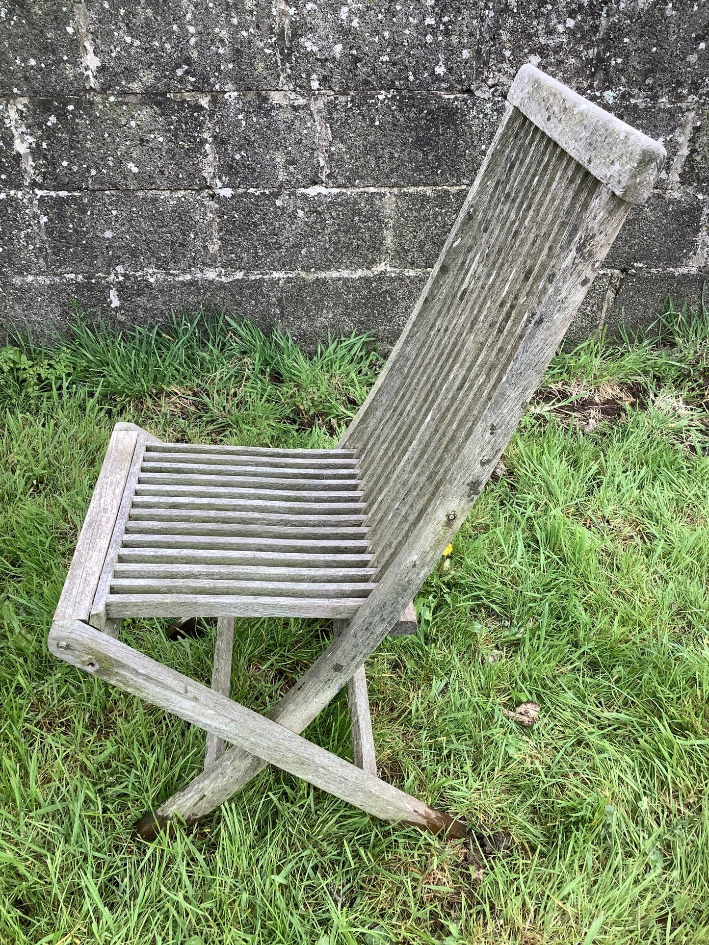 Folding Weathered Solid Teak Garden Single Slated Outside Chair 3'2"H
