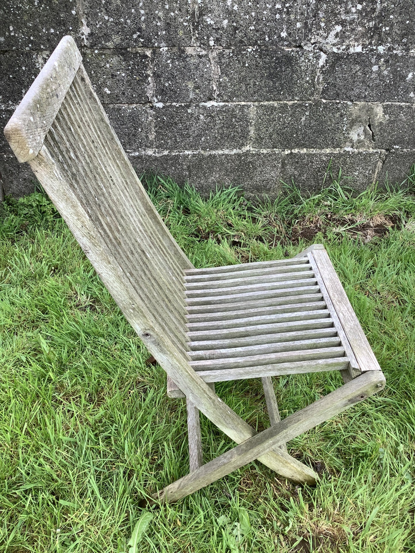 Folding Weathered Solid Teak Garden Single Slated Outside Chair 3'2"H