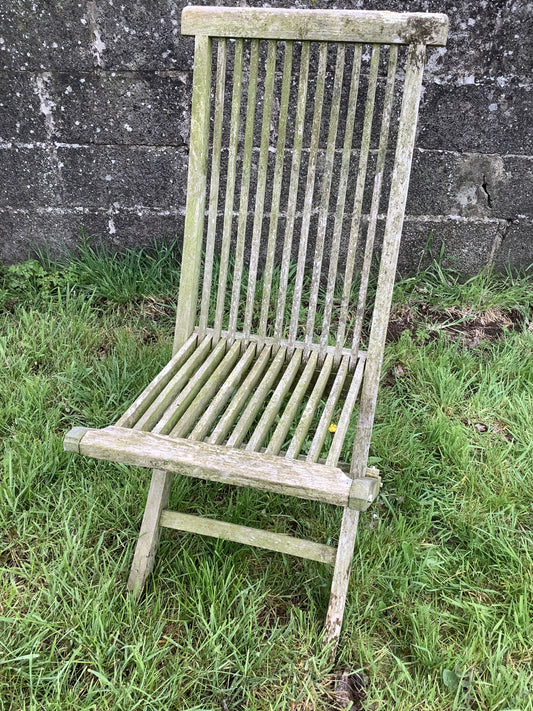 Folding Weathered Solid Teak Garden Single Slated Outside Chair 3'2"H