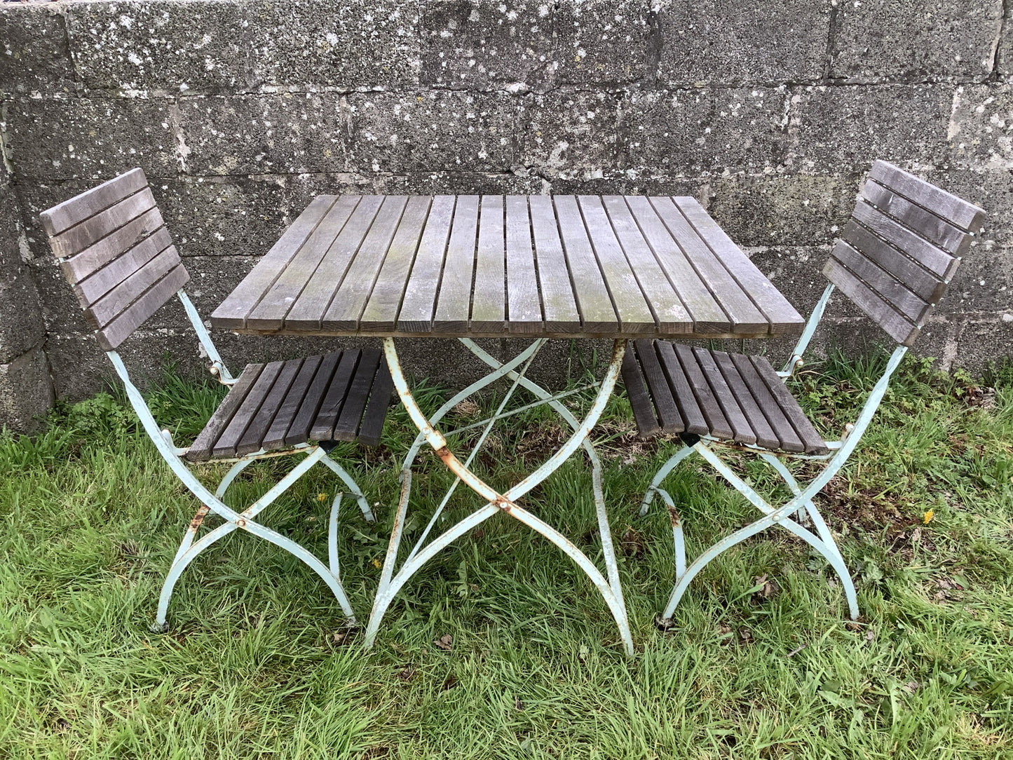 Oak Slats & Wrought Iron Reclaimed Garden Table & 2 Chairs