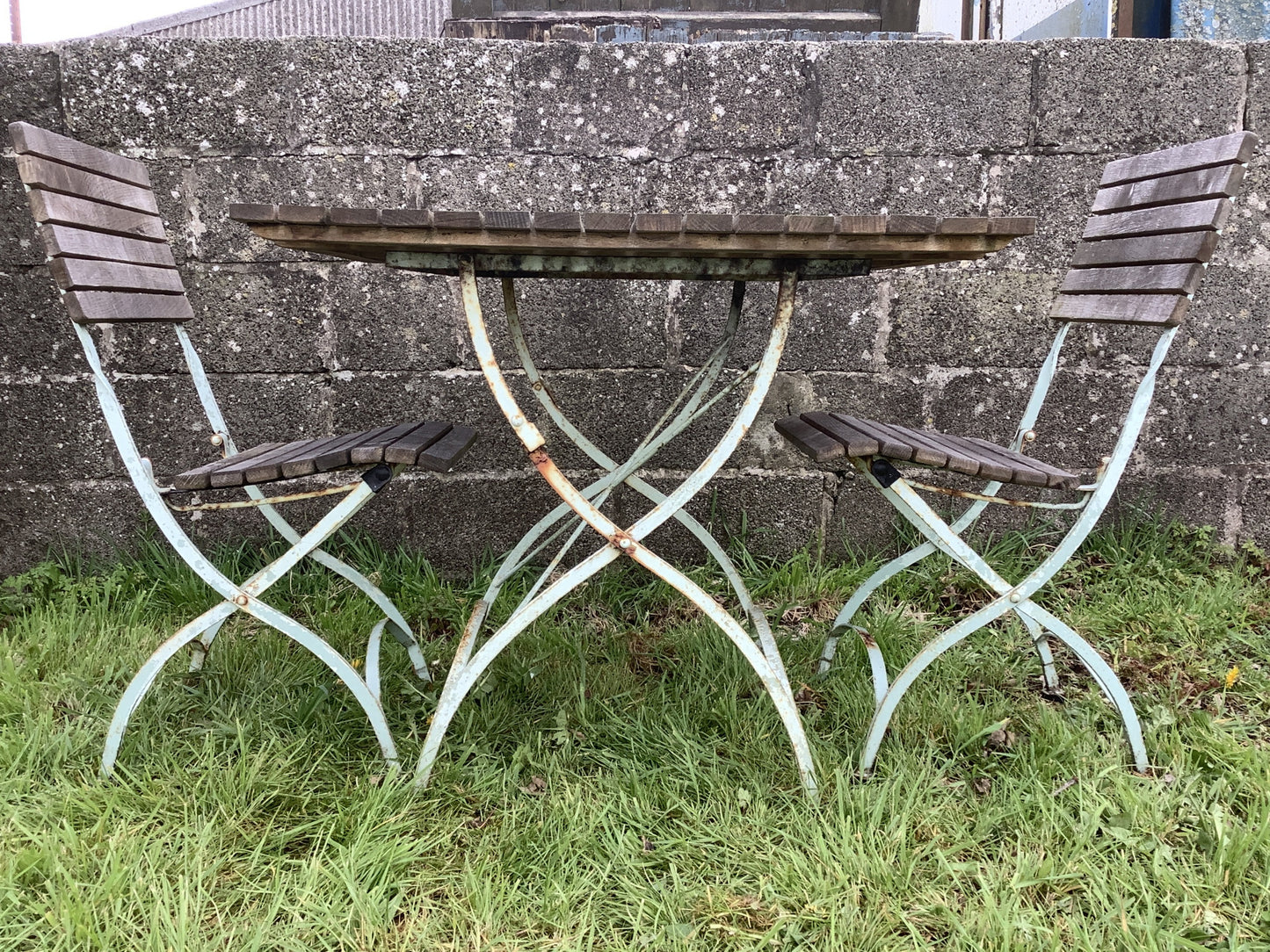 Oak Slats & Wrought Iron Reclaimed Garden Table & 2 Chairs