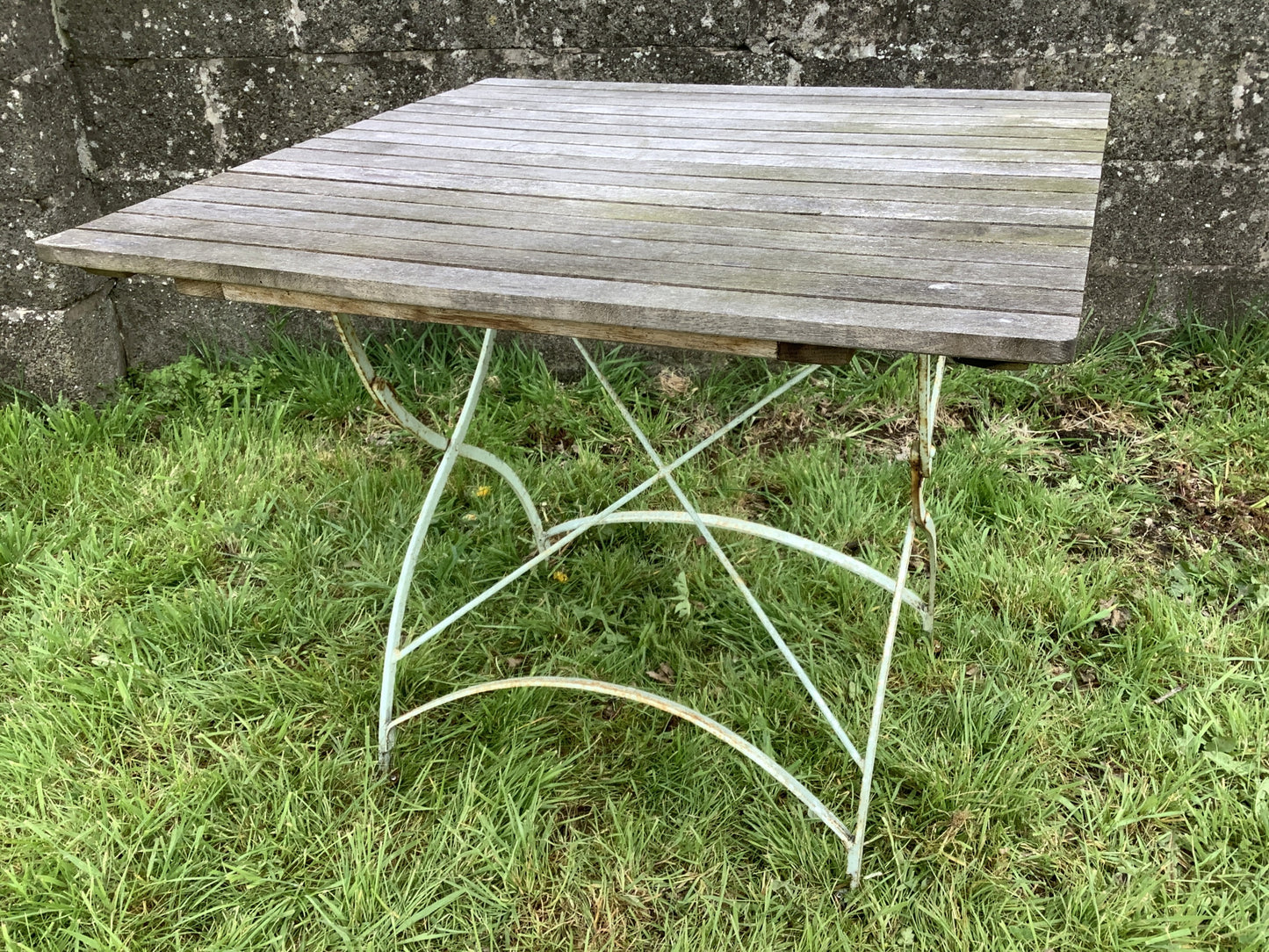 Oak Slats & Wrought Iron Reclaimed Garden Table & 2 Chairs