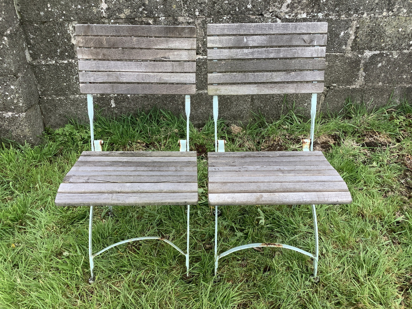 Oak Slats & Wrought Iron Reclaimed Garden Table & 2 Chairs