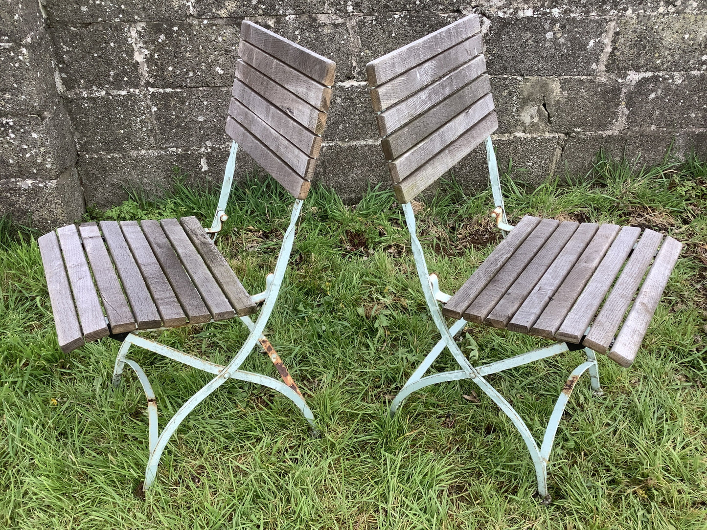 Oak Slats & Wrought Iron Reclaimed Garden Table & 2 Chairs