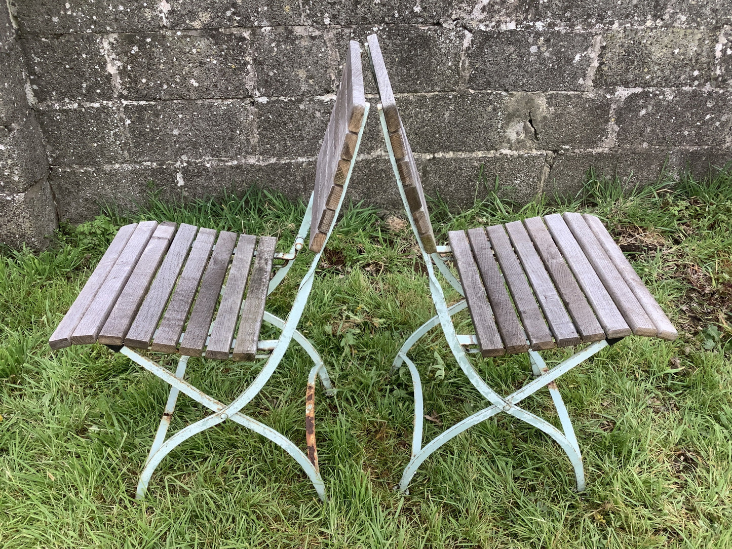 Oak Slats & Wrought Iron Reclaimed Garden Table & 2 Chairs