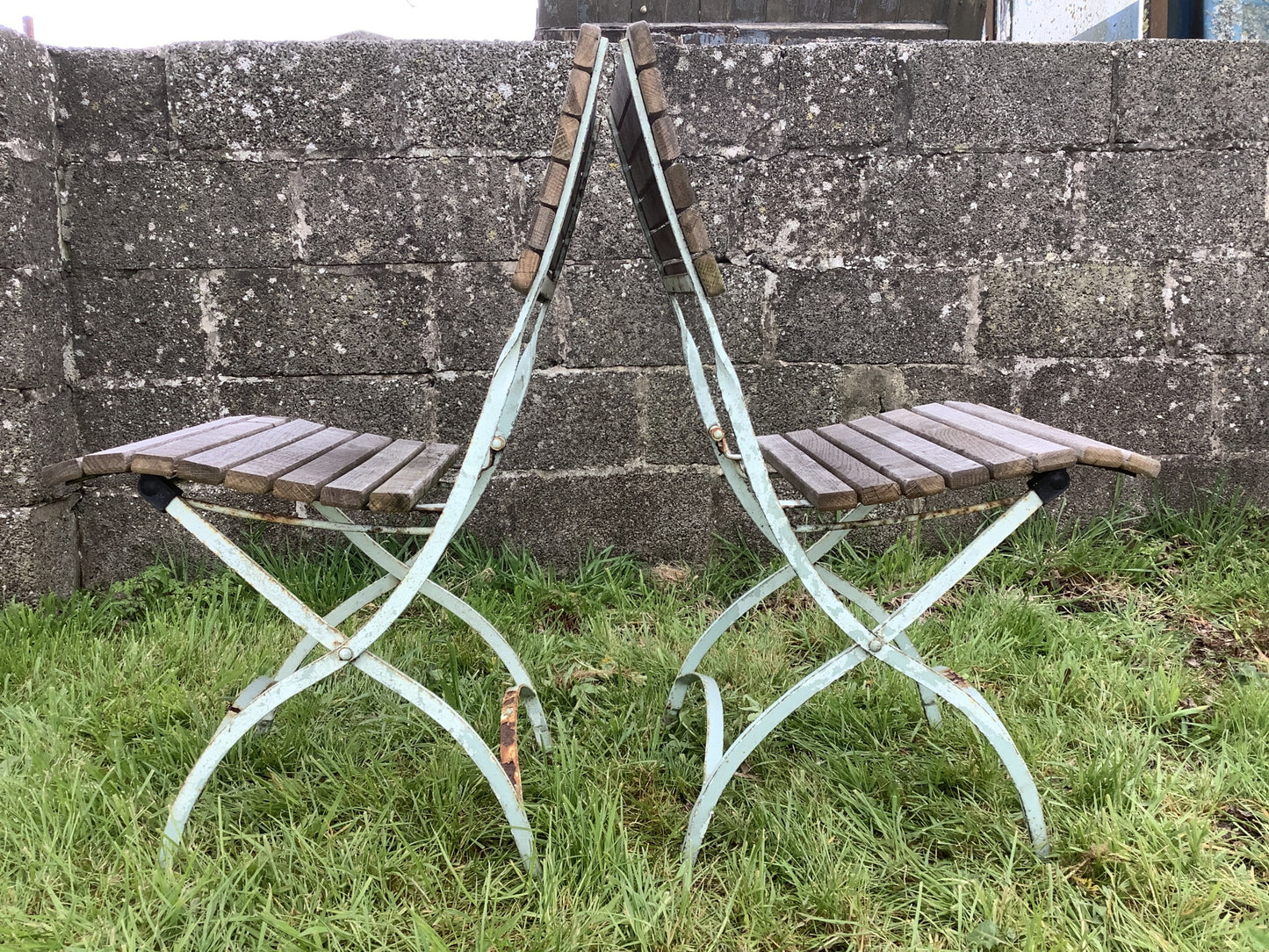 Oak Slats & Wrought Iron Reclaimed Garden Table & 2 Chairs