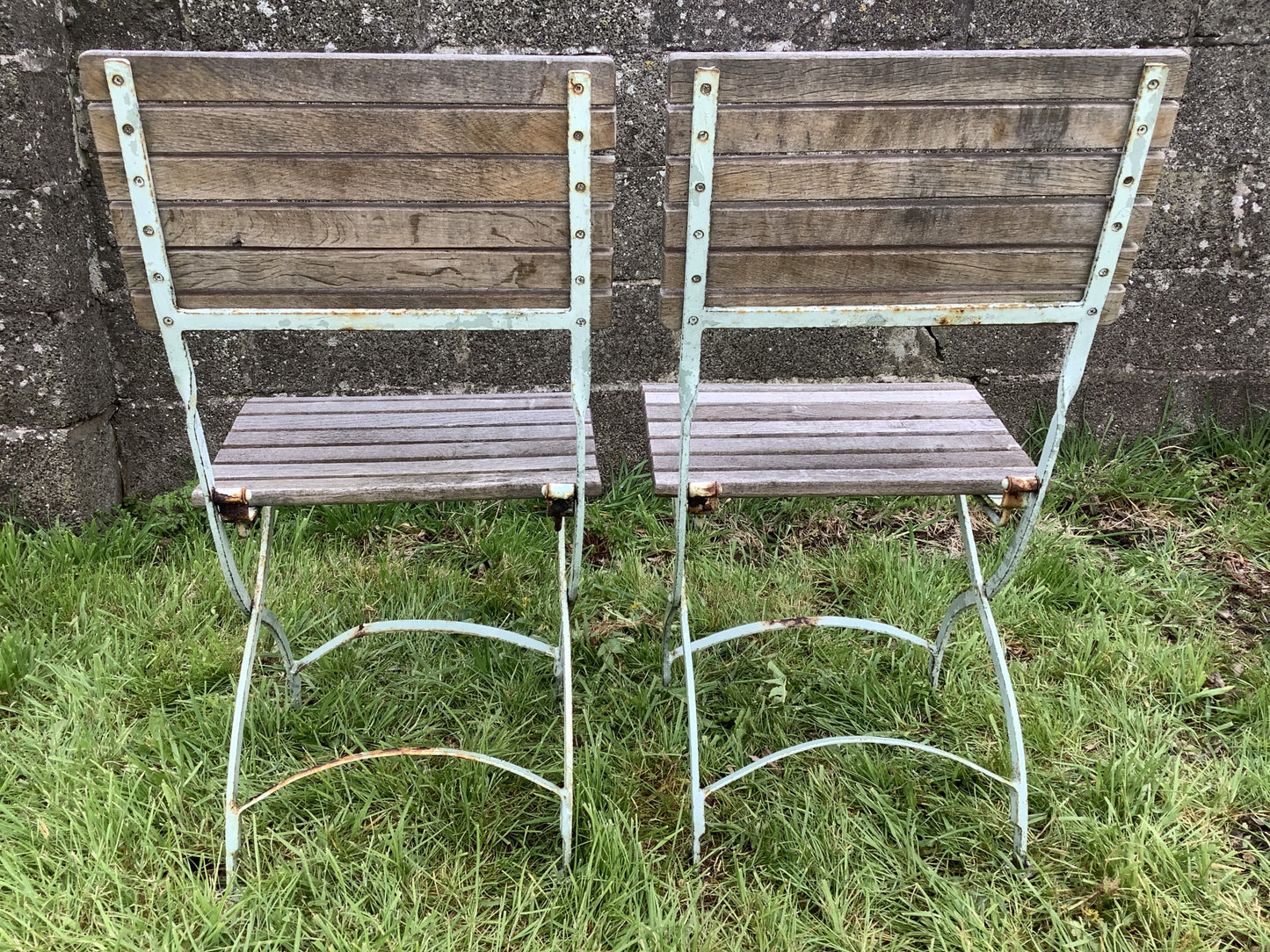 Oak Slats & Wrought Iron Reclaimed Garden Table & 2 Chairs