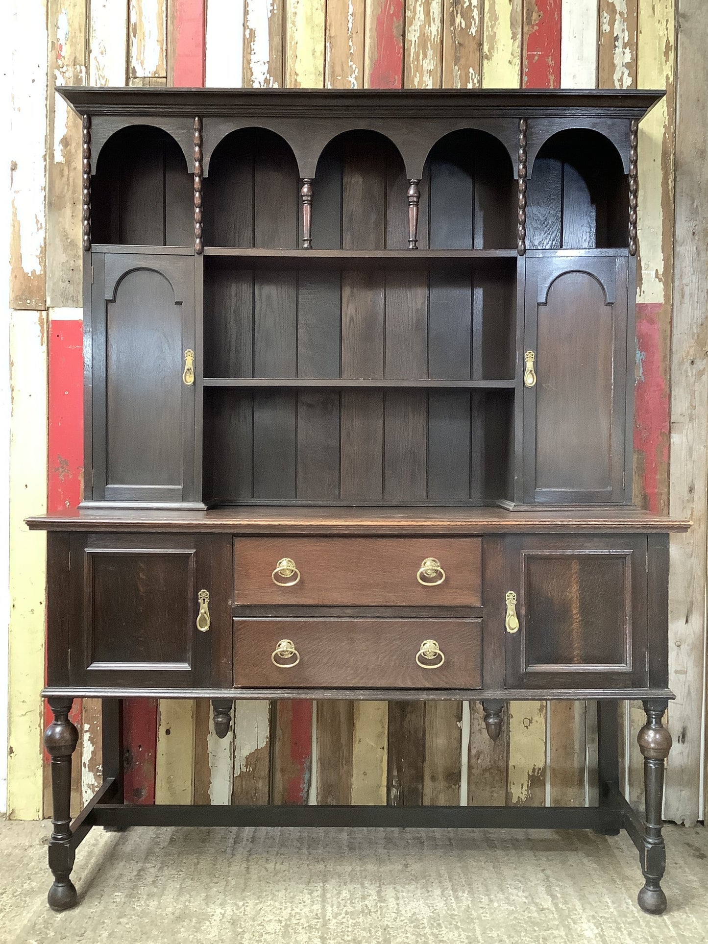 Beautiful Dark Solid Oak Dresser With Brass Handles 6'6"H 5'1"x W