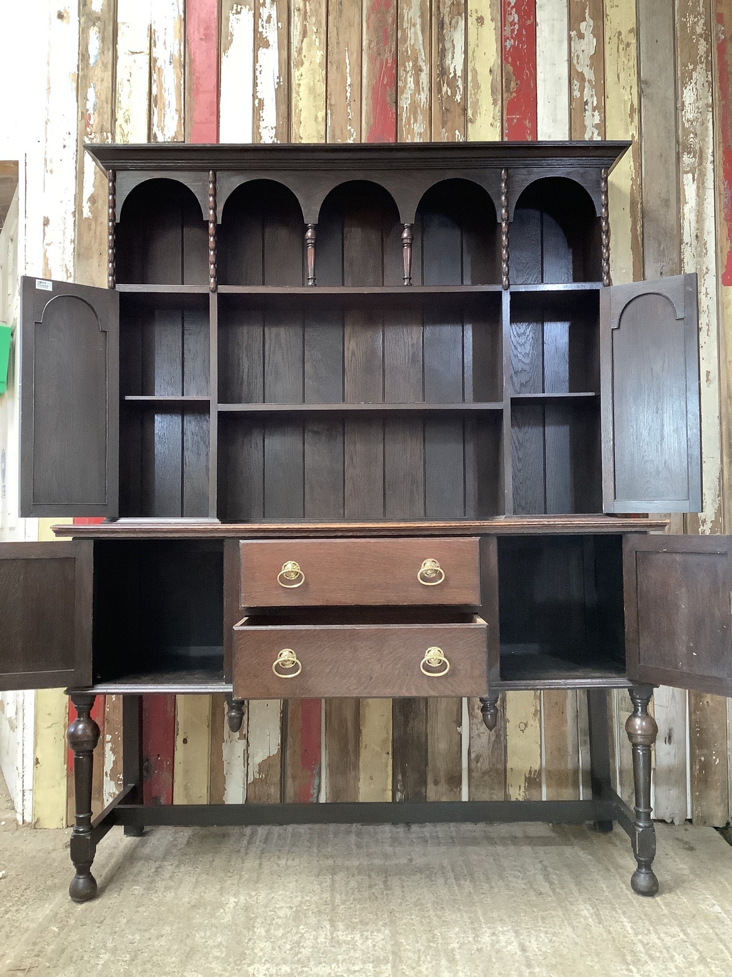 Beautiful Dark Solid Oak Dresser With Brass Handles 6'6"H 5'1"x W