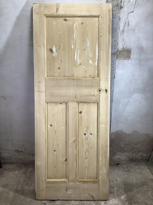 29 3/4"X76 1/2" 1930s Internal Stripped Pine Three Panel Door 1over2 Reclaimed