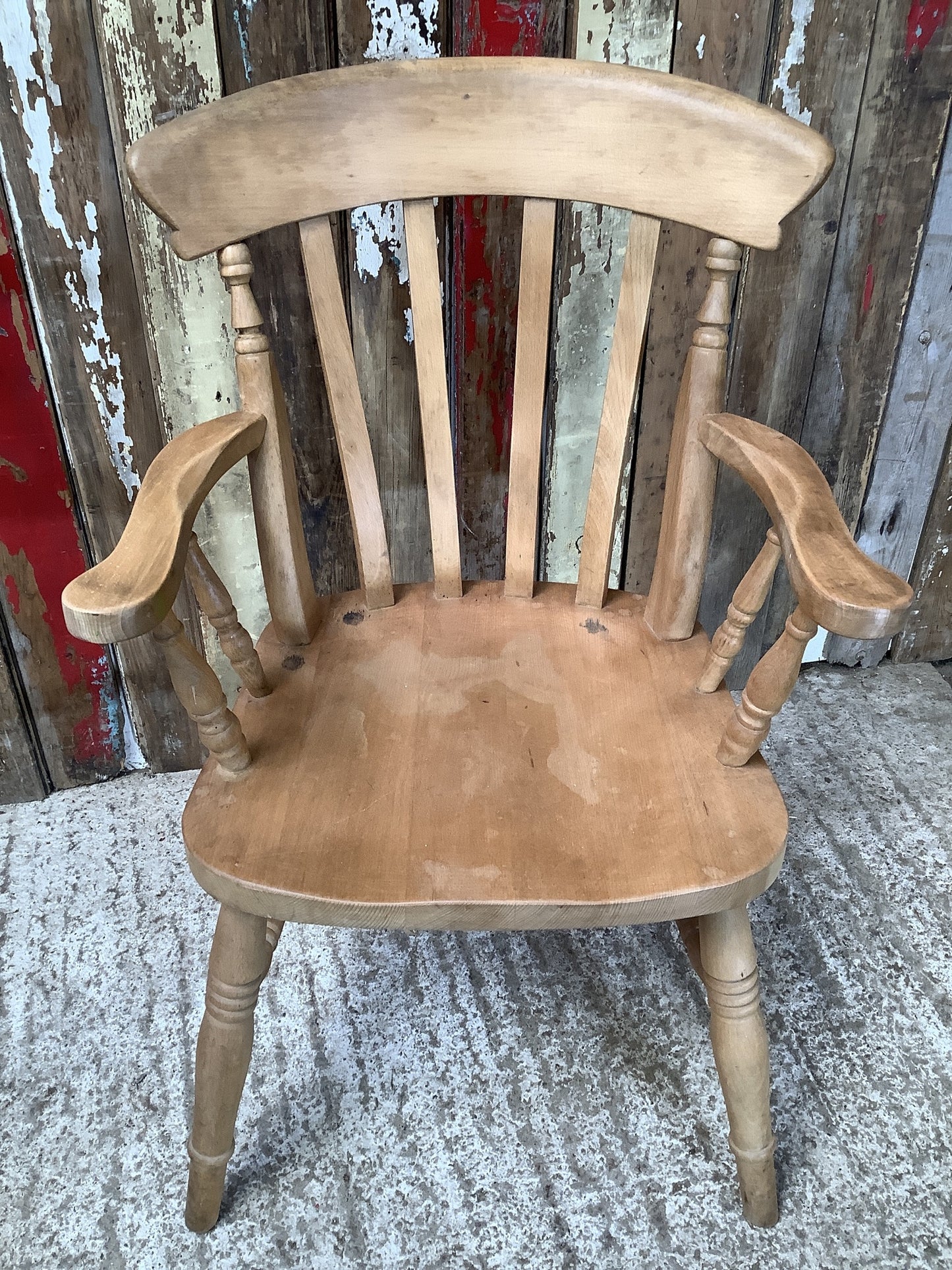 Low Slat Back Old Waxed Solid Beech Carver Farmhouse Kitchen Arm Chair