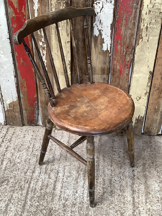 Rustic 1930s Stained Round Seat Dowel Back Beech Kitchen Chair Wooden