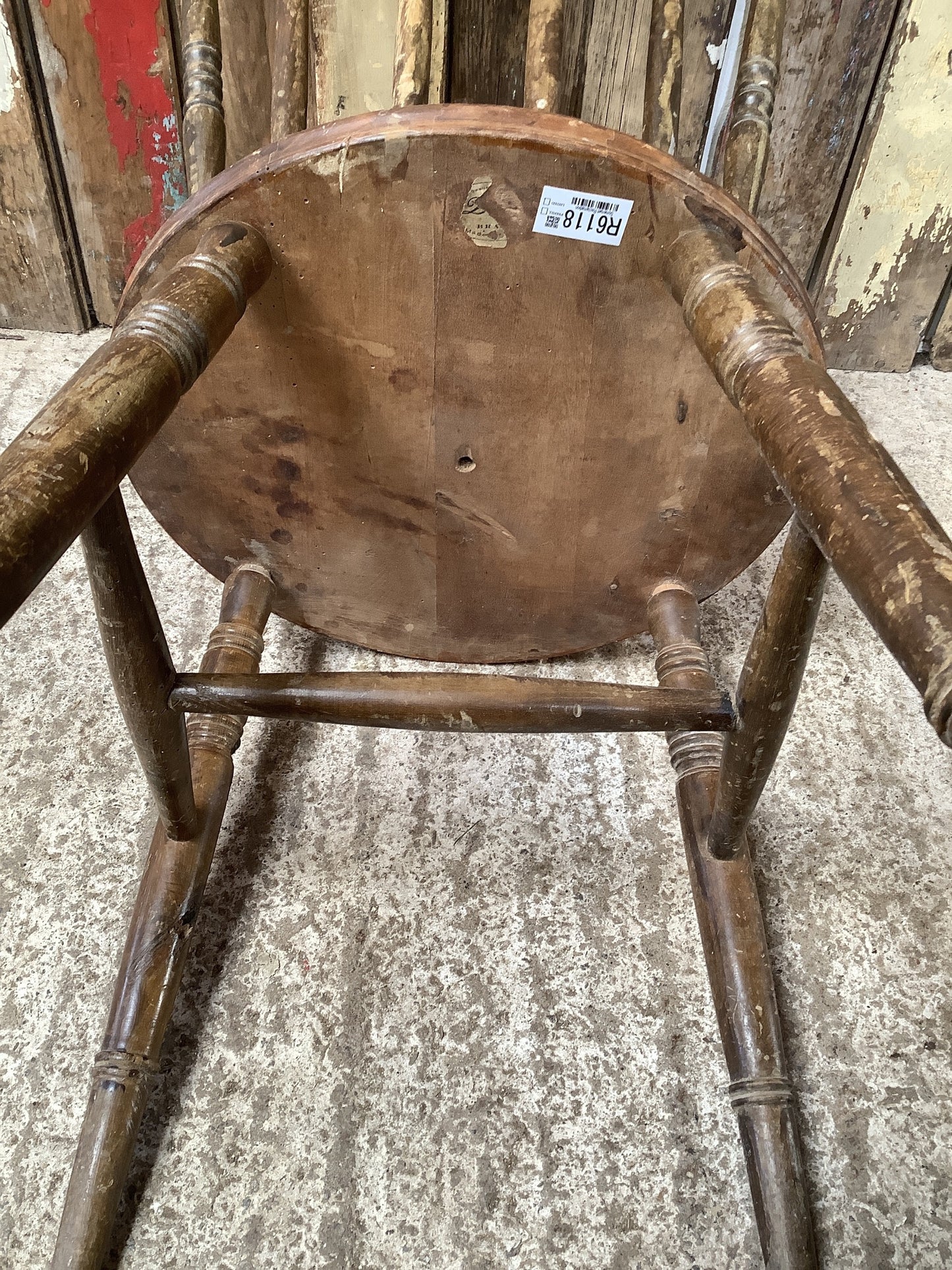 Rustic 1930s Stained Round Seat Dowel Back Beech Kitchen Chair Wooden