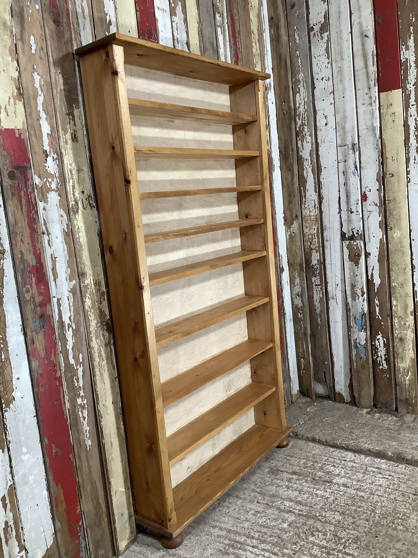 Tall Chunky Narrow Varnished Pine & Ply Bookcase 10 Shelves 5'8"H 2'11" W