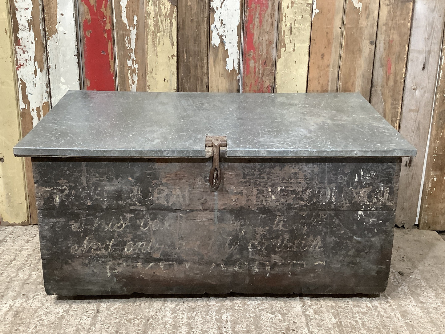 Interesting Rustic Old Painted Pine Wooden Storage Tool Box 1'8"H 3'2" W