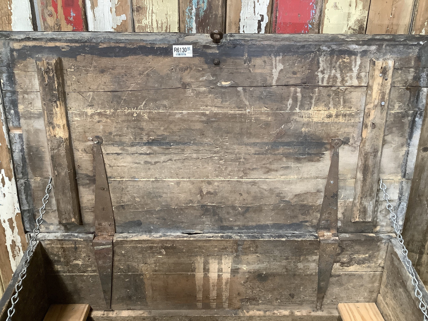 Interesting Rustic Old Painted Pine Wooden Storage Tool Box 1'8"H 3'2" W