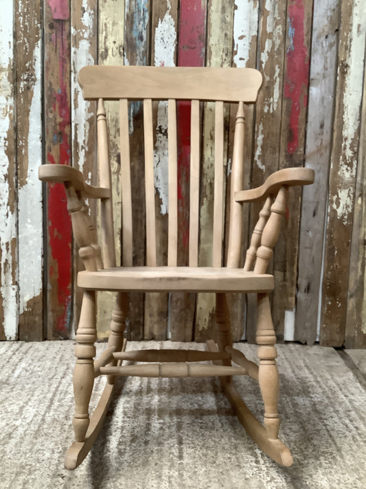 Tall Waxed Wooden Beech Slat Back Carver Arm Rocking Chair 3'9"H