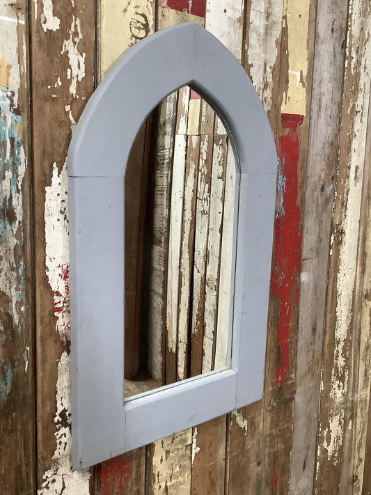 Chunky Framed Arched Gothic Grey Painted Pine Wooden Wall Mirror 2'6"H 1'6" W