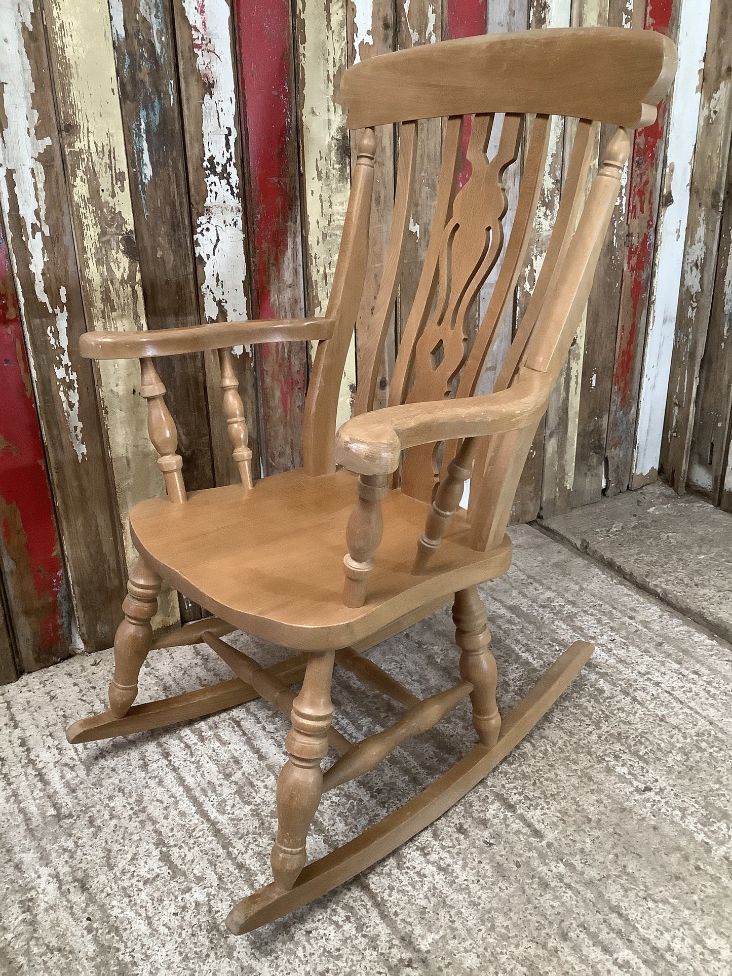 Solid Old Varnished Beech Fiddle Tall Back Rocking Chair Wooden