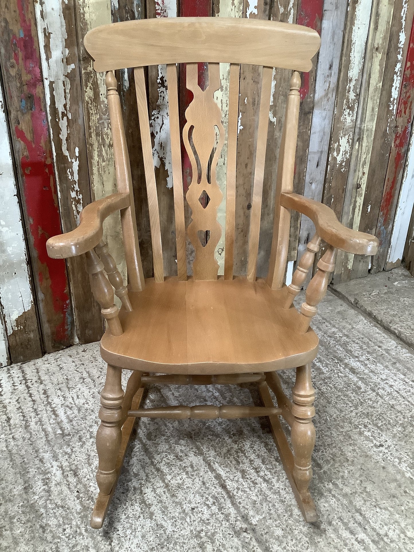 Solid Old Varnished Beech Fiddle Tall Back Rocking Chair Wooden