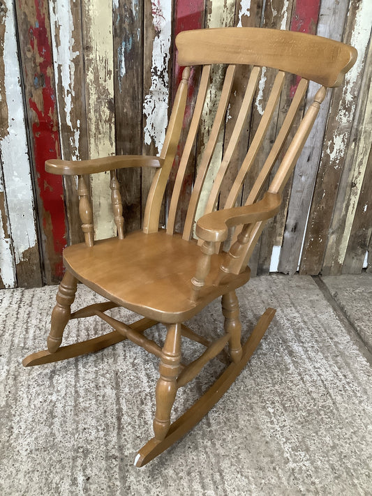 Tall Slat Back Granddad Used Old Varnished Beech Rocking Chair Wooden
