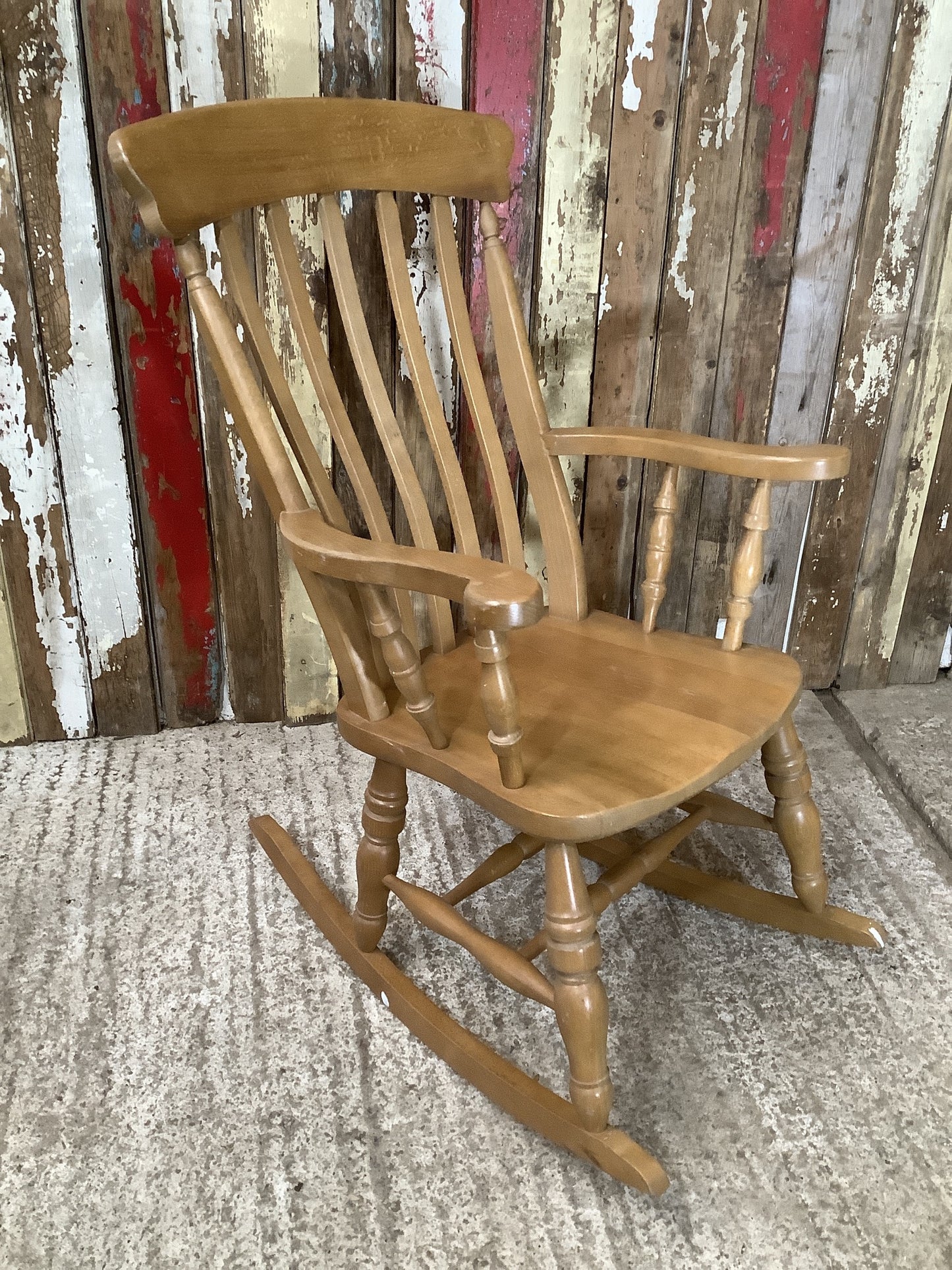 Tall Slat Back Granddad Used Old Varnished Beech Rocking Chair Wooden