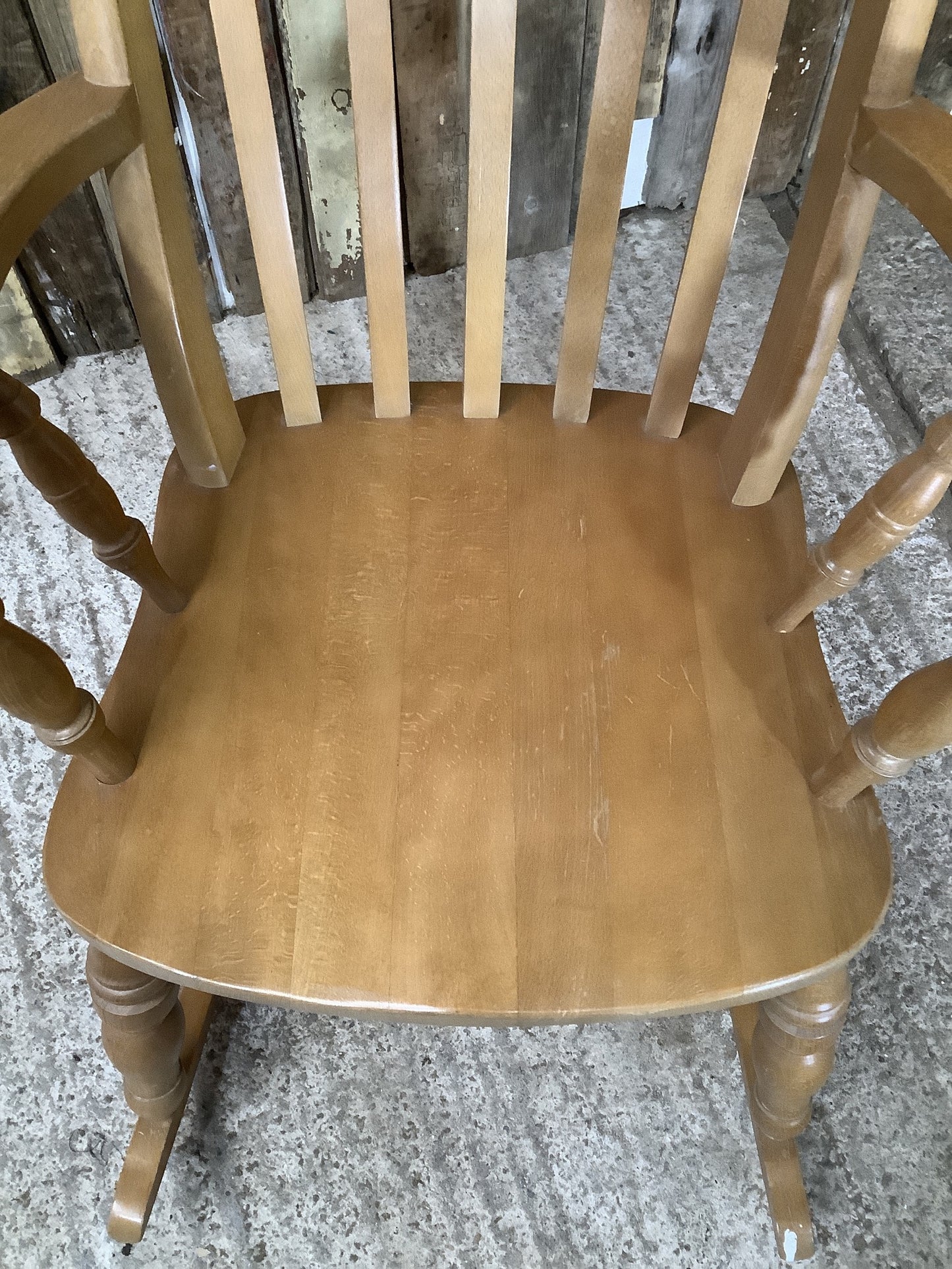 Tall Slat Back Granddad Used Old Varnished Beech Rocking Chair Wooden