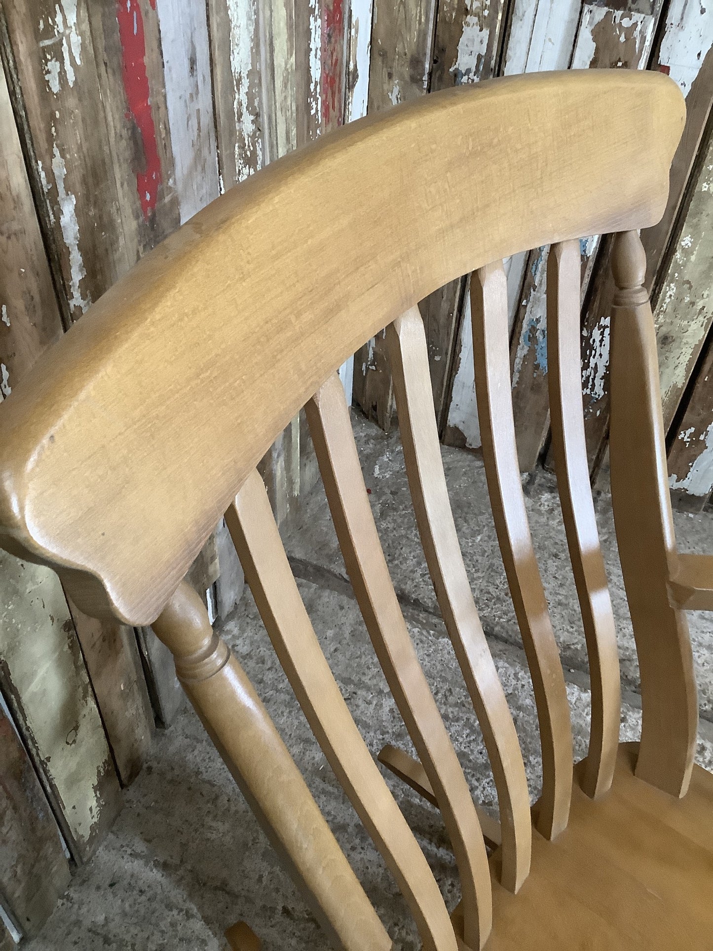 Tall Slat Back Granddad Used Old Varnished Beech Rocking Chair Wooden