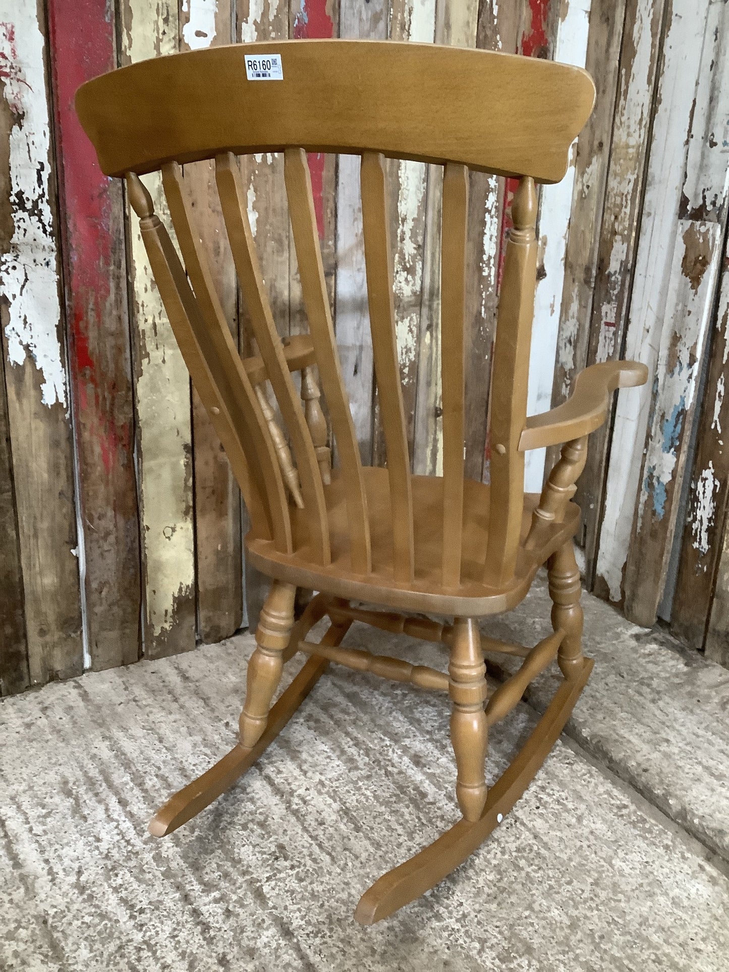 Tall Slat Back Granddad Used Old Varnished Beech Rocking Chair Wooden