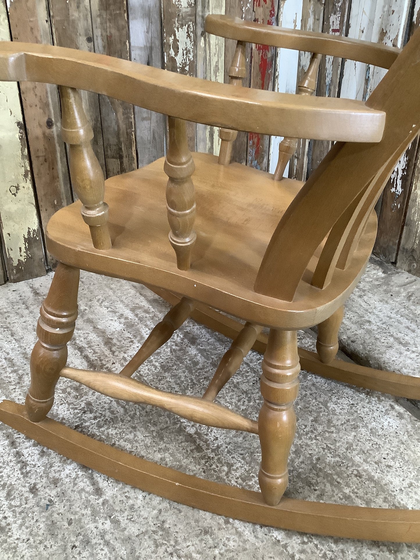 Tall Slat Back Granddad Used Old Varnished Beech Rocking Chair Wooden