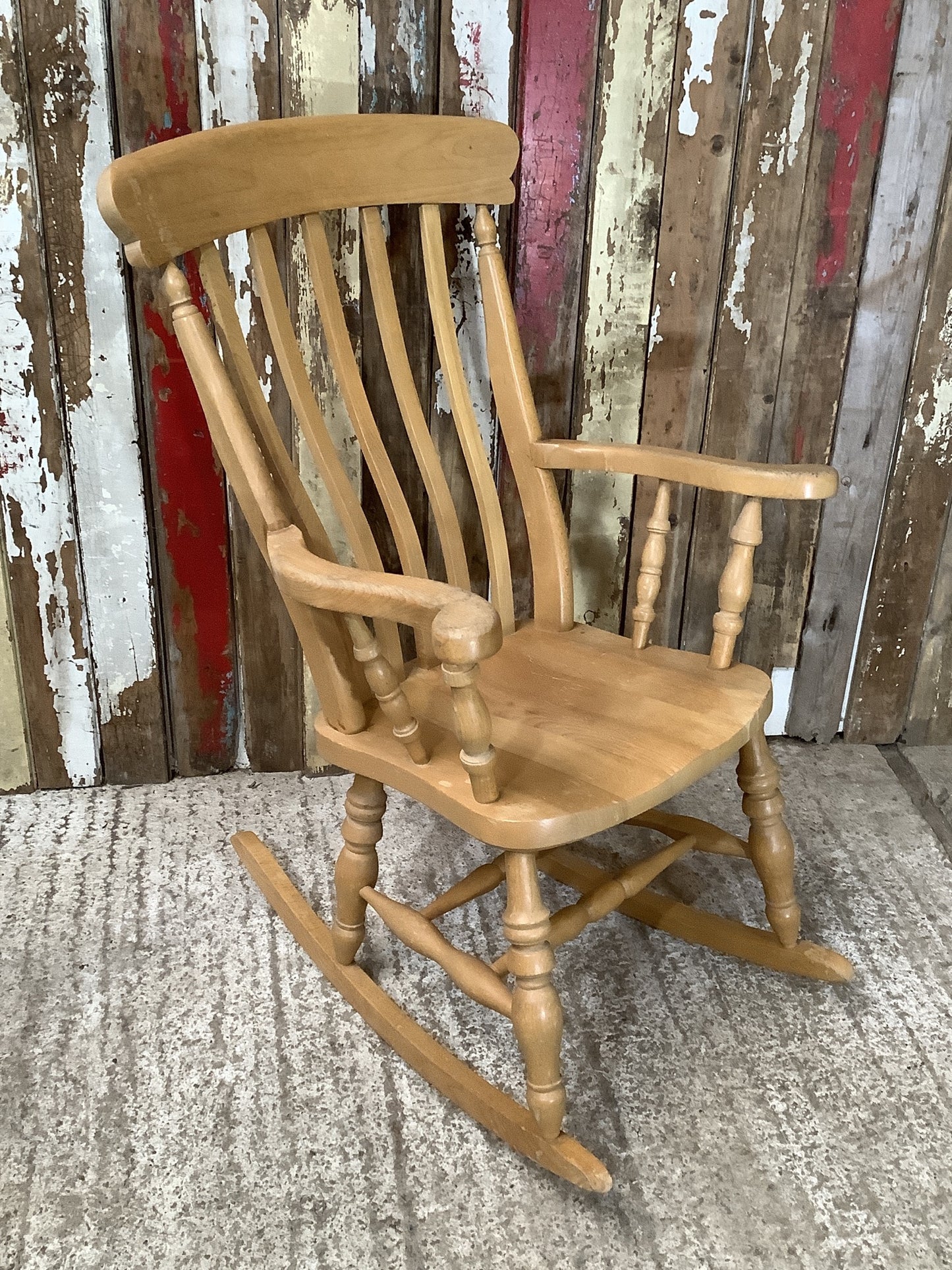 Tall Slat Back Granddad Used Old Varnished Beech Rocking Chair Wooden