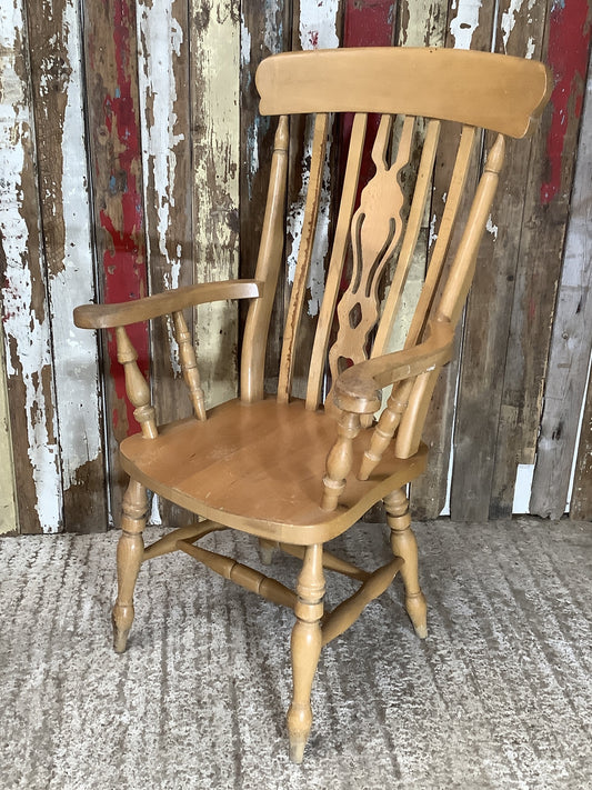 Old Farmhouse Varnished Solid Beech Fiddle Tall Back Carver Kitchen Arm Chair