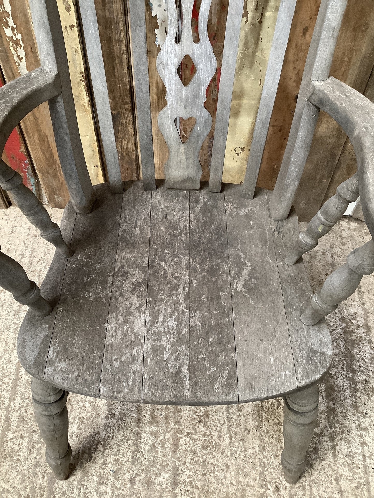 Old Weathered Farmhouse Solid Beech Fiddle Tall Back Carver Kitchen Arm Chair