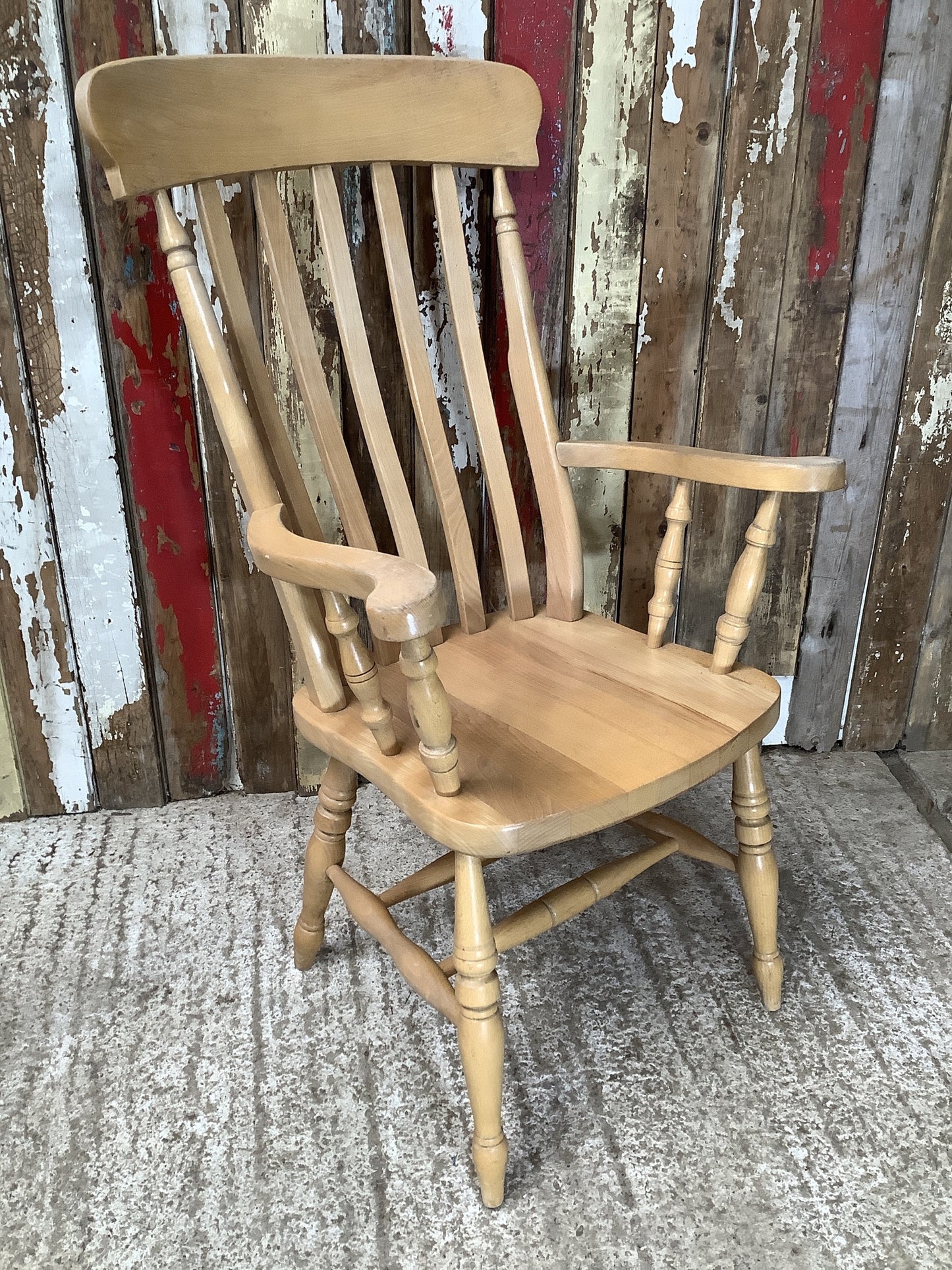 Tall Slat Back Old Varnished Beech Carver Farmhouse Kitchen Arm Chair Wooden