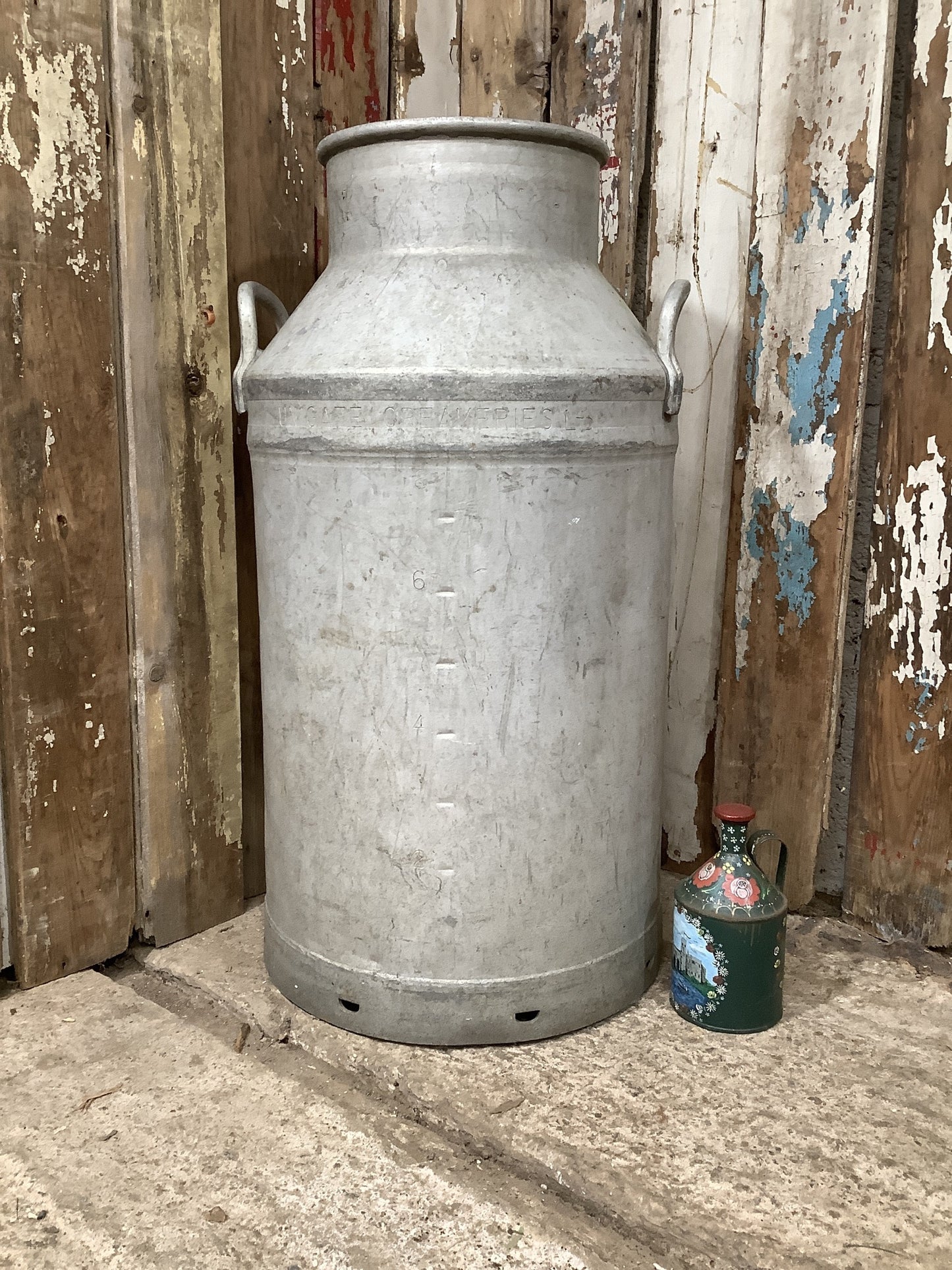 Tarnished Unigate Dairy’s Old 10 Gallon Aluminium Milk Churn Flower Pot 2'1"H