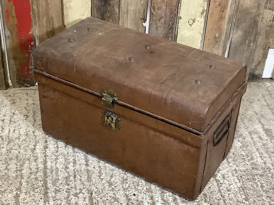 Vintage Used 1930s Tarnished Metal Travel Trunk Toy Box Metal 1'2"H 1'11" W