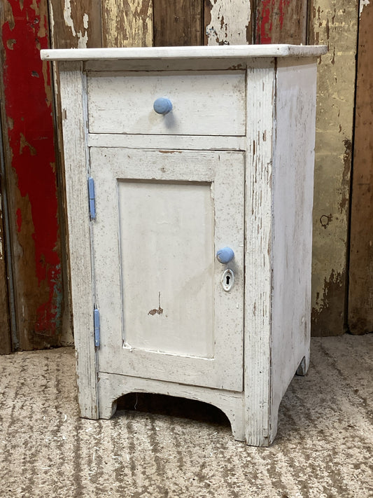 Rustic Old White Painted Pine Storage Bedside Pot Cupboard 2'2"H 1'4" W