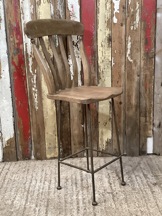 Stripped Farmhouse Old Waxed Beech Elm Slat Back Bar Stool On Metal Base 3'7"H