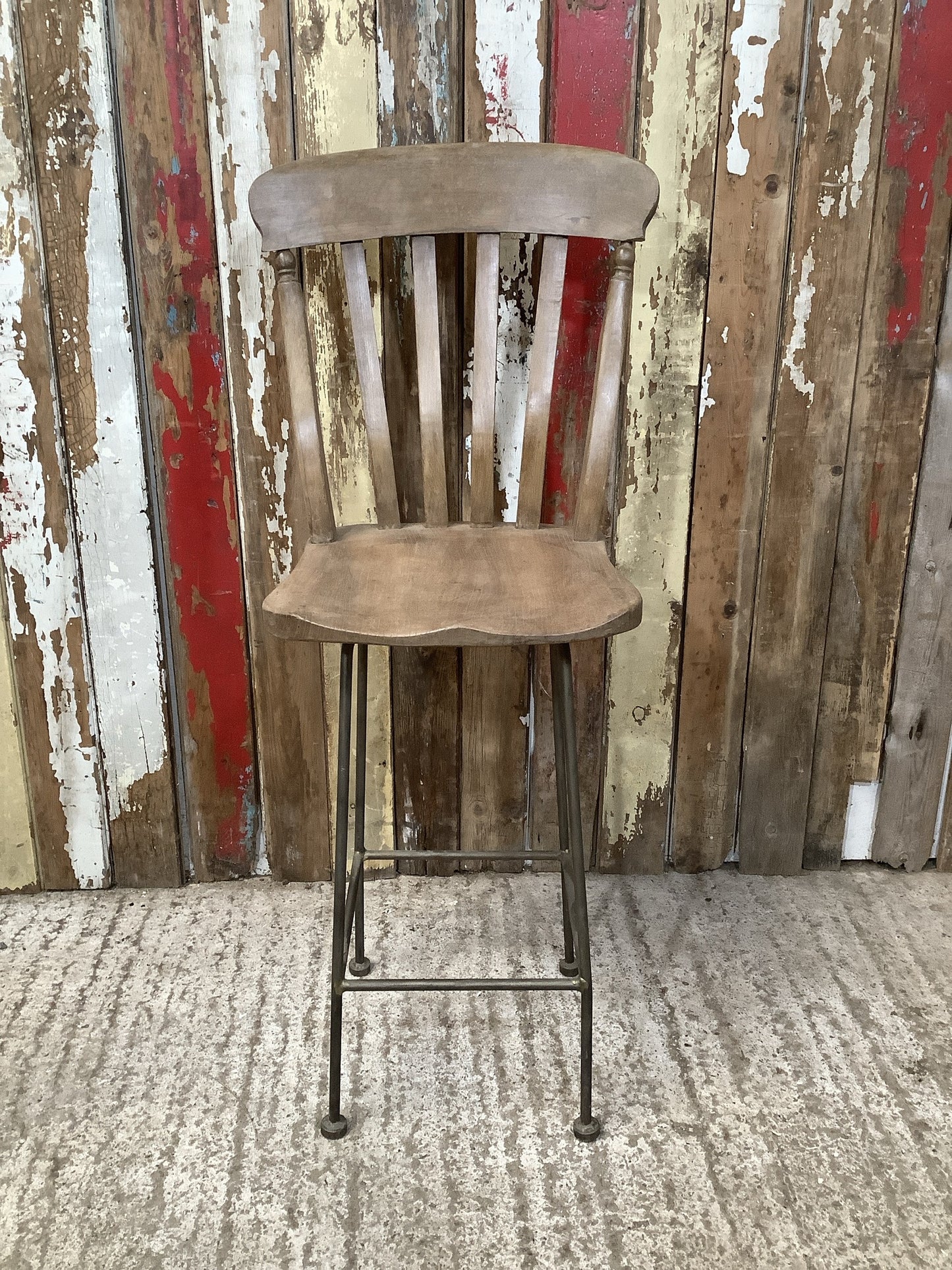 Stripped Farmhouse Old Waxed Beech Elm Slat Back Bar Stool On Metal Base 3'7"H