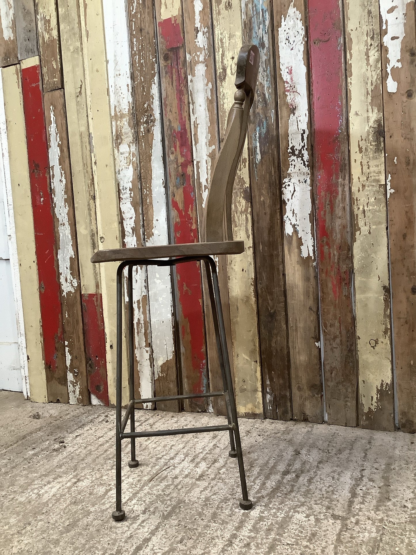 Stripped Farmhouse Old Waxed Beech Elm Slat Back Bar Stool On Metal Base 3'7"H