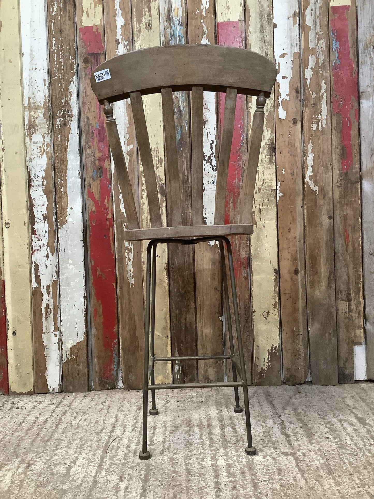 Stripped Farmhouse Old Waxed Beech Elm Slat Back Bar Stool On Metal Base 3'7"H